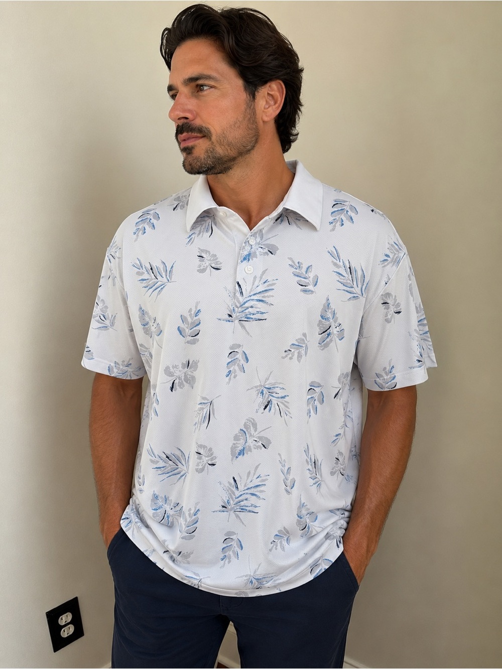 Roundtree & Yorke White Polo with Light Blue Leaf Print